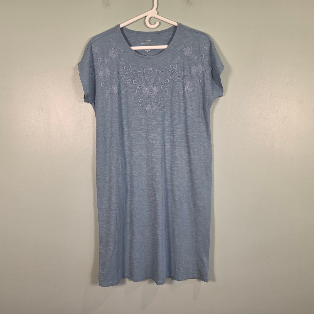 Pure Jill Blue Organic Cotton Knit Floral‎ Embroidered Pocket T-Shirt Dress XS